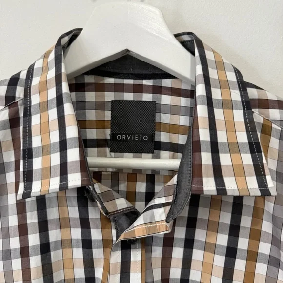 Orvieto Men's Long Sleeve Checkered Button Down Shirt in Neutral Tones Size M - Picture 4 of 17